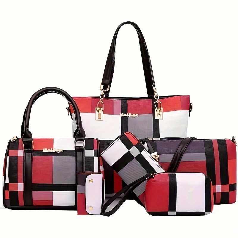 Set of bags with red, black, and white checkered pattern on a white background