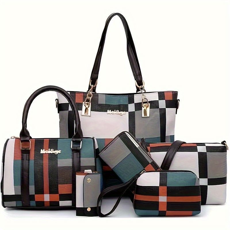 Set of checkered handbags and wallets with visible brand name on a white background