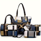 Set of checkered handbags with matching pouches on a white background