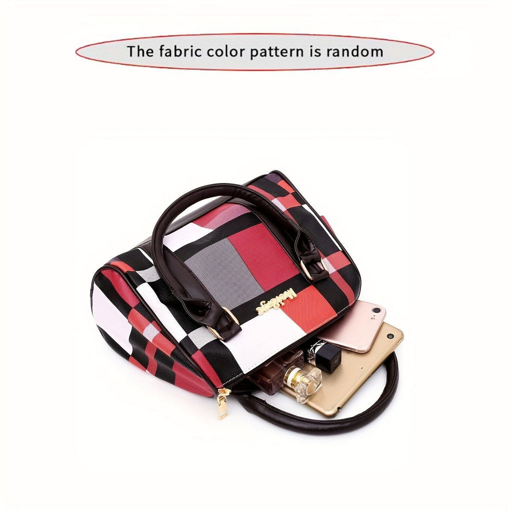 Plaid patterned handbag with a phone and wallet on a white background
