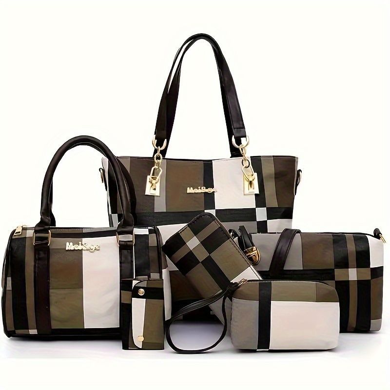 Set of checkered handbags with matching pouches on a white background