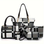 Set of black and white checkered handbags with gold accents on a white background