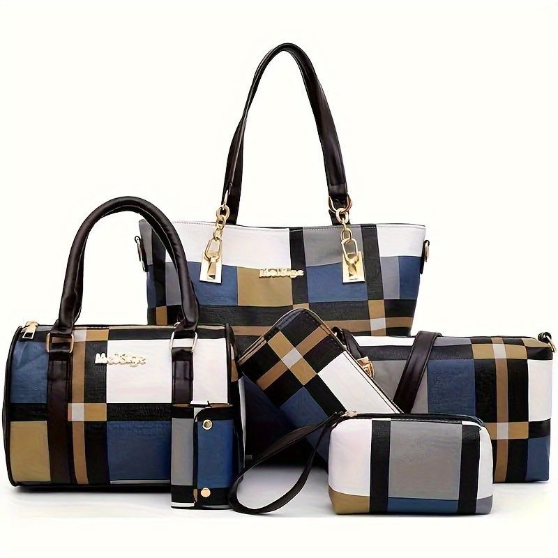 Set of checkered handbags with matching pouches on a white background
