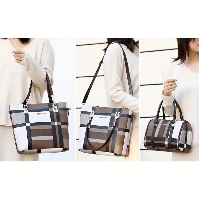 Three images of a woman holding a plaid handbag against a white background