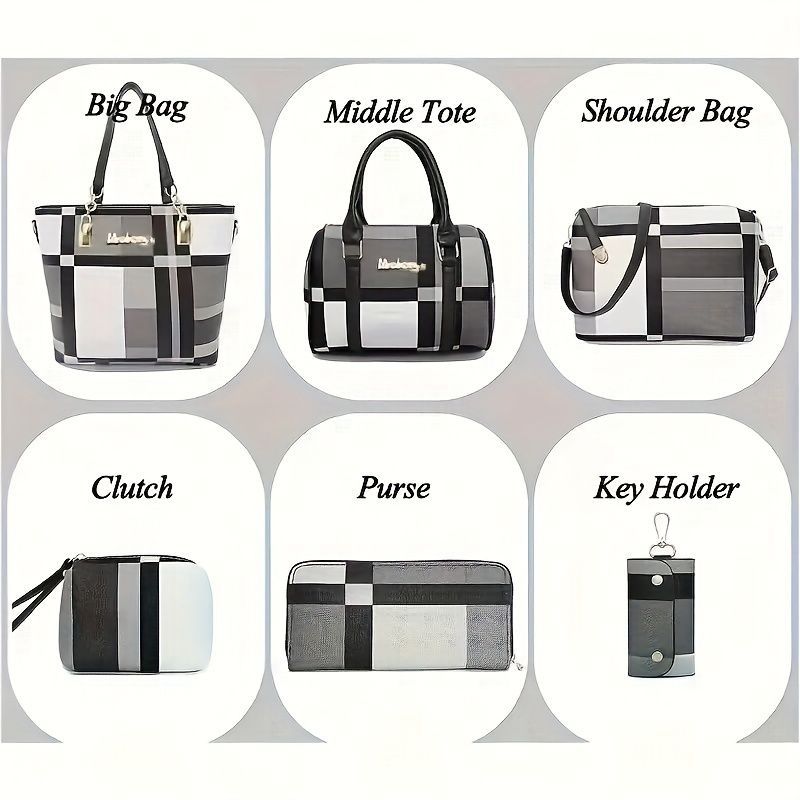 6-Piece Checkered Women's Bag Set – Korean Fashion Tote, Handbag & Crossbody Collection (Red)