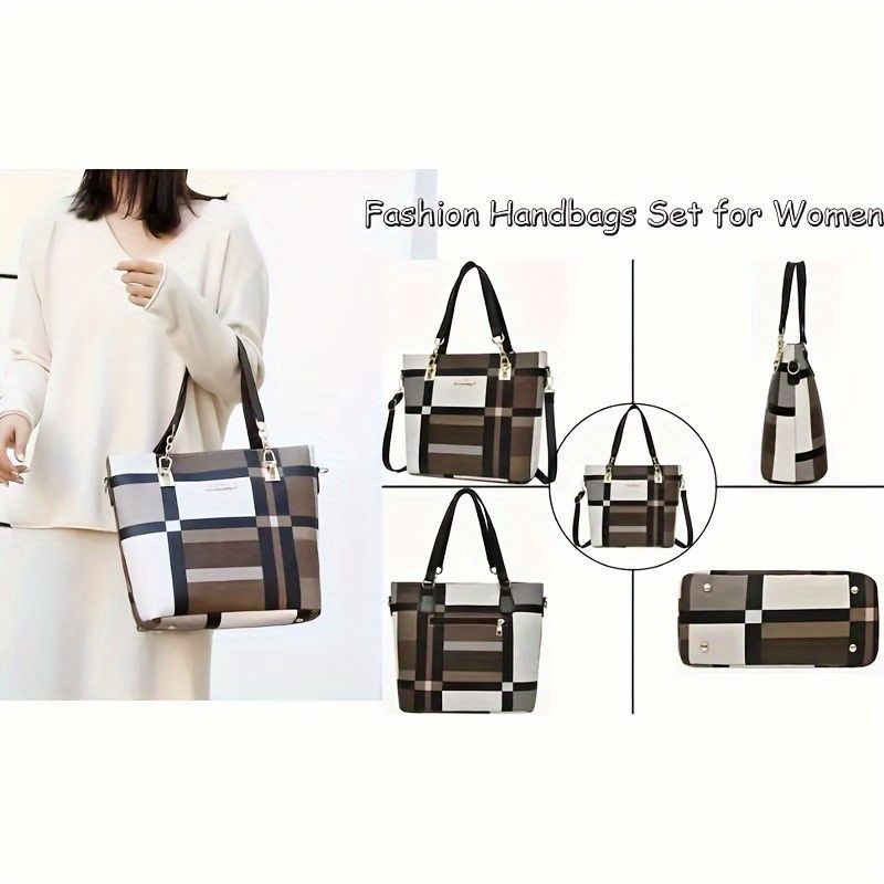 6-Piece Checkered Women's Bag Set – Korean Fashion Tote, Handbag & Crossbody Collection (Red)