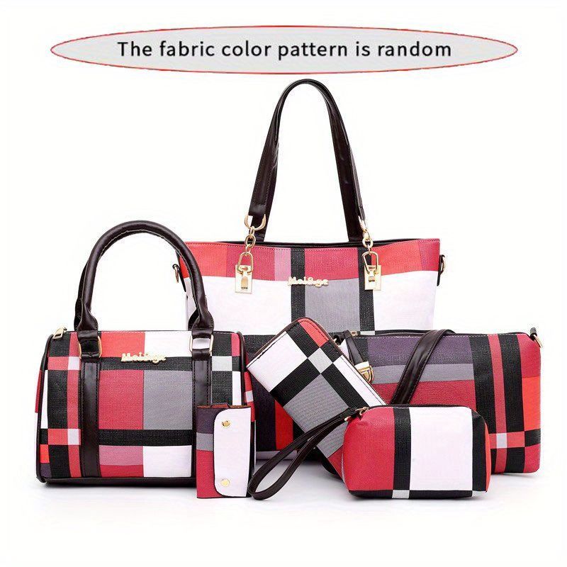 6-Piece Checkered Women's Bag Set – Korean Fashion Tote, Handbag & Crossbody Collection (Red)
