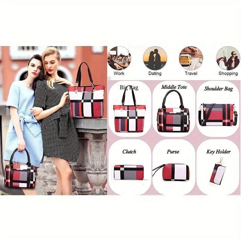 6-Piece Checkered Women's Bag Set – Korean Fashion Tote, Handbag & Crossbody Collection (Red)