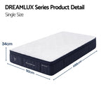 Dreamlux series single size mattress with dimensions on a white background