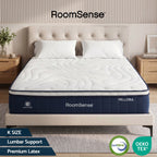 RoomSense Vellora mattress in a bedroom setting with 'CertiPUR-US' and 'OEKO-TEX' logos.
