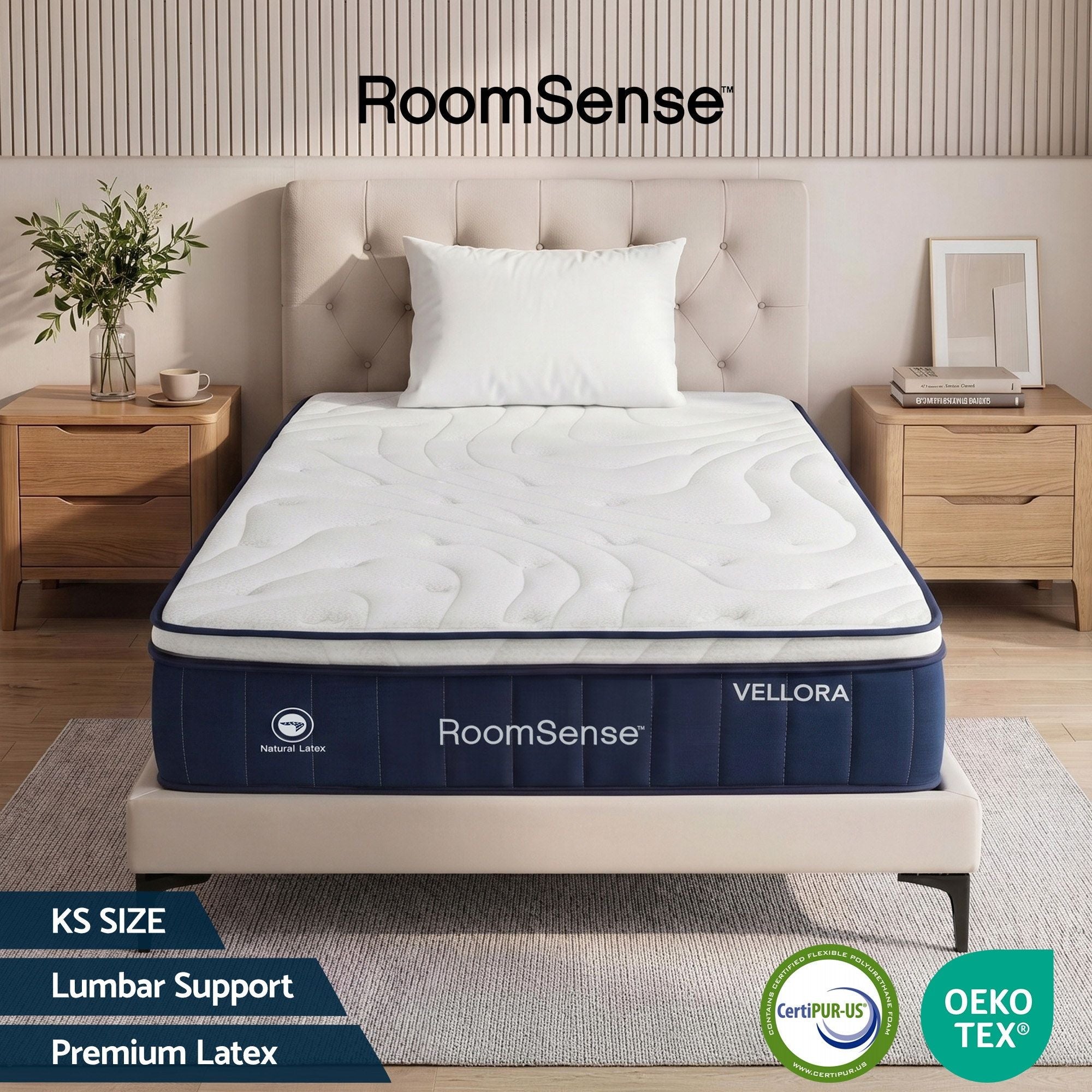 RoomSense Vellora mattress in a bedroom setting with 'RoomSense' branding