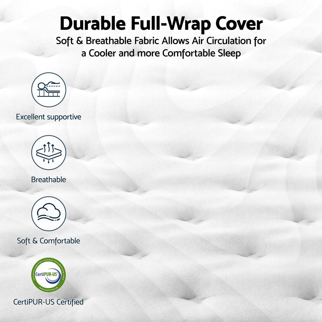 Mattress with text highlighting features like durability, breathability, and CertiPUR-US certification