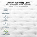 Mattress with text highlighting features like durability, breathability, and CertiPUR-US certification