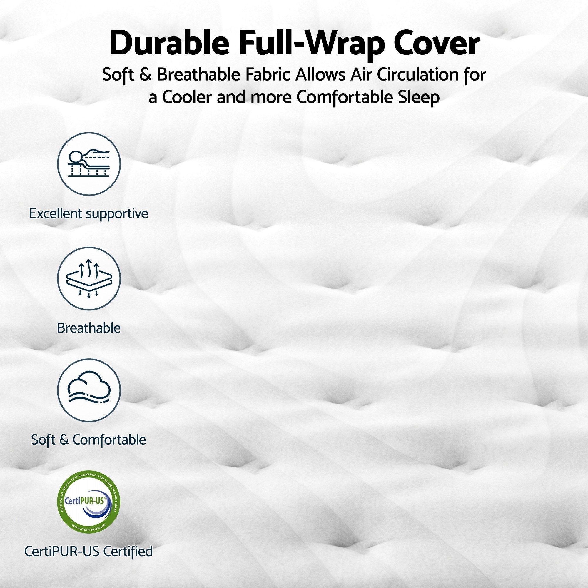 Mattress with text highlighting features like durability, breathability, and CertiPUR-US certification