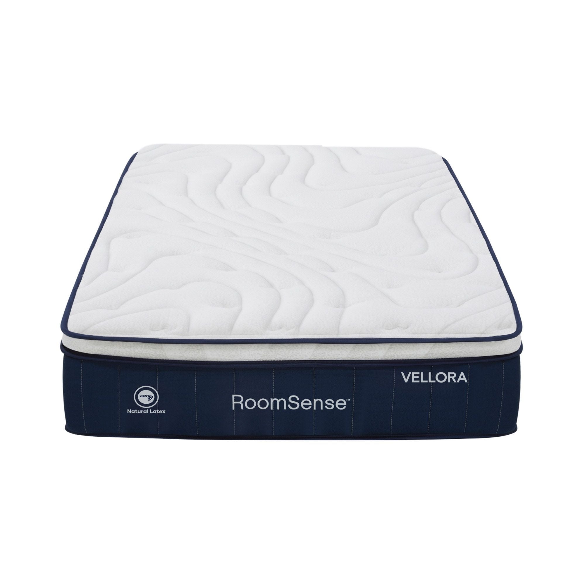 Mattress with 'Vellora' and 'RoomSense' branding on a white backgroun