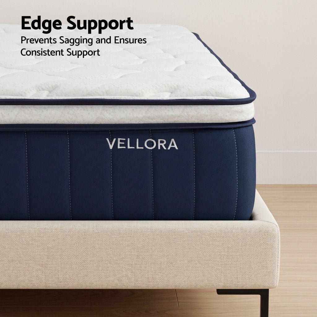 Vellora mattress with text about edge support on a neutral background