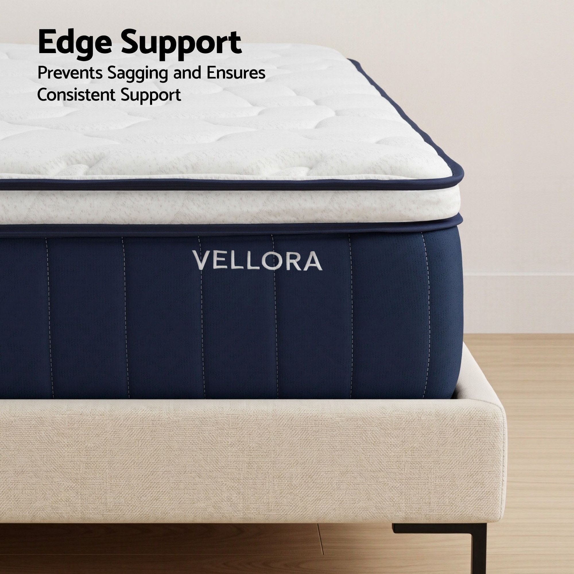 Vellora mattress with text about edge support on a neutral background