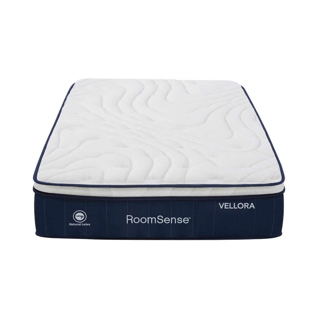 Mattress with 'Vellora' and 'RoomSense' branding on a white background