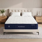 Mattress on a bed with 'RoomSense' branding in a bedroom setting
