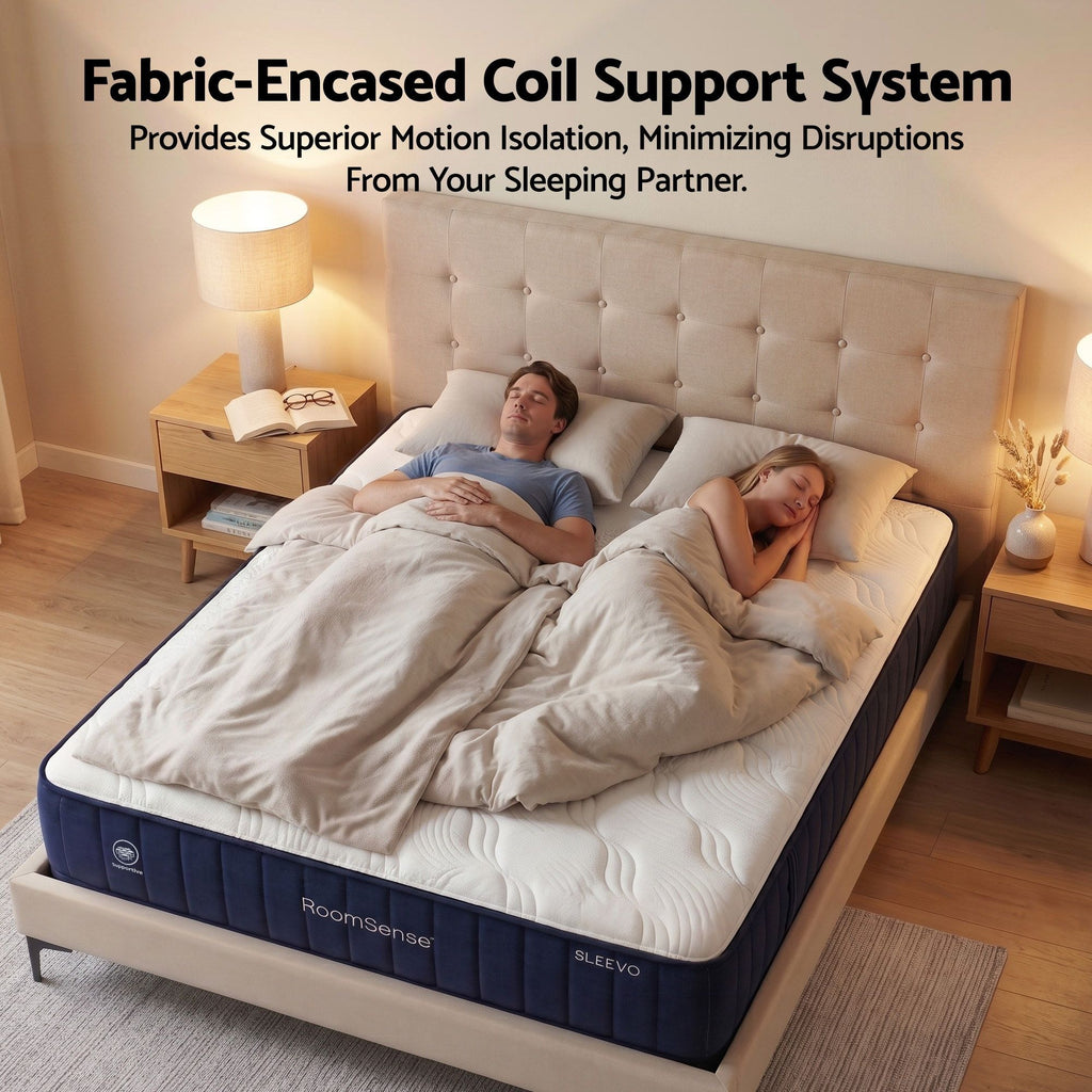 Two people lying on a mattress with a fabric-encased coil support system, in a bedroom setting