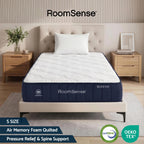 RoomSense mattress on a bed in a bedroom setting with 'RoomSense' branding.