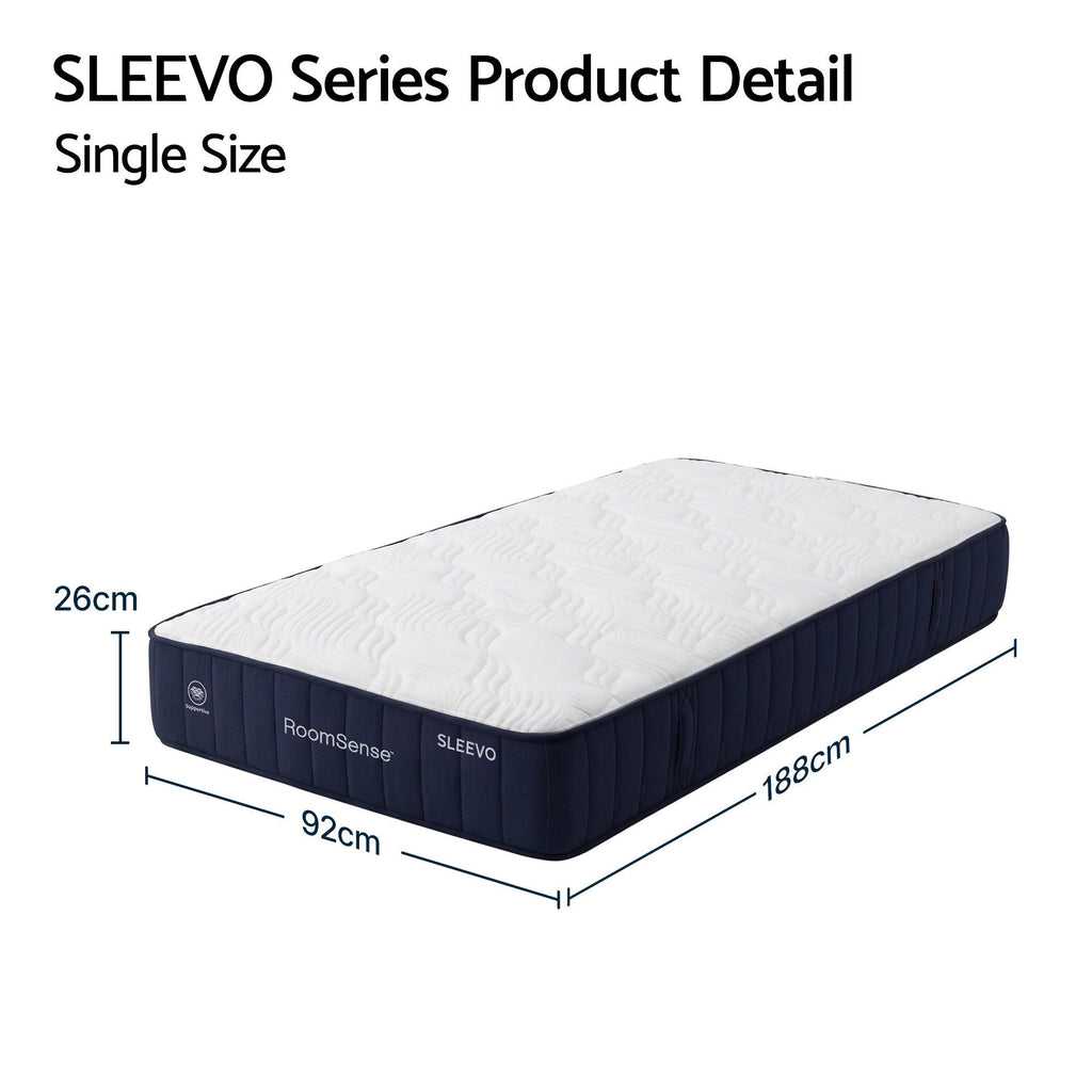 SLEEVO Series single size mattress with dimensions on a white background