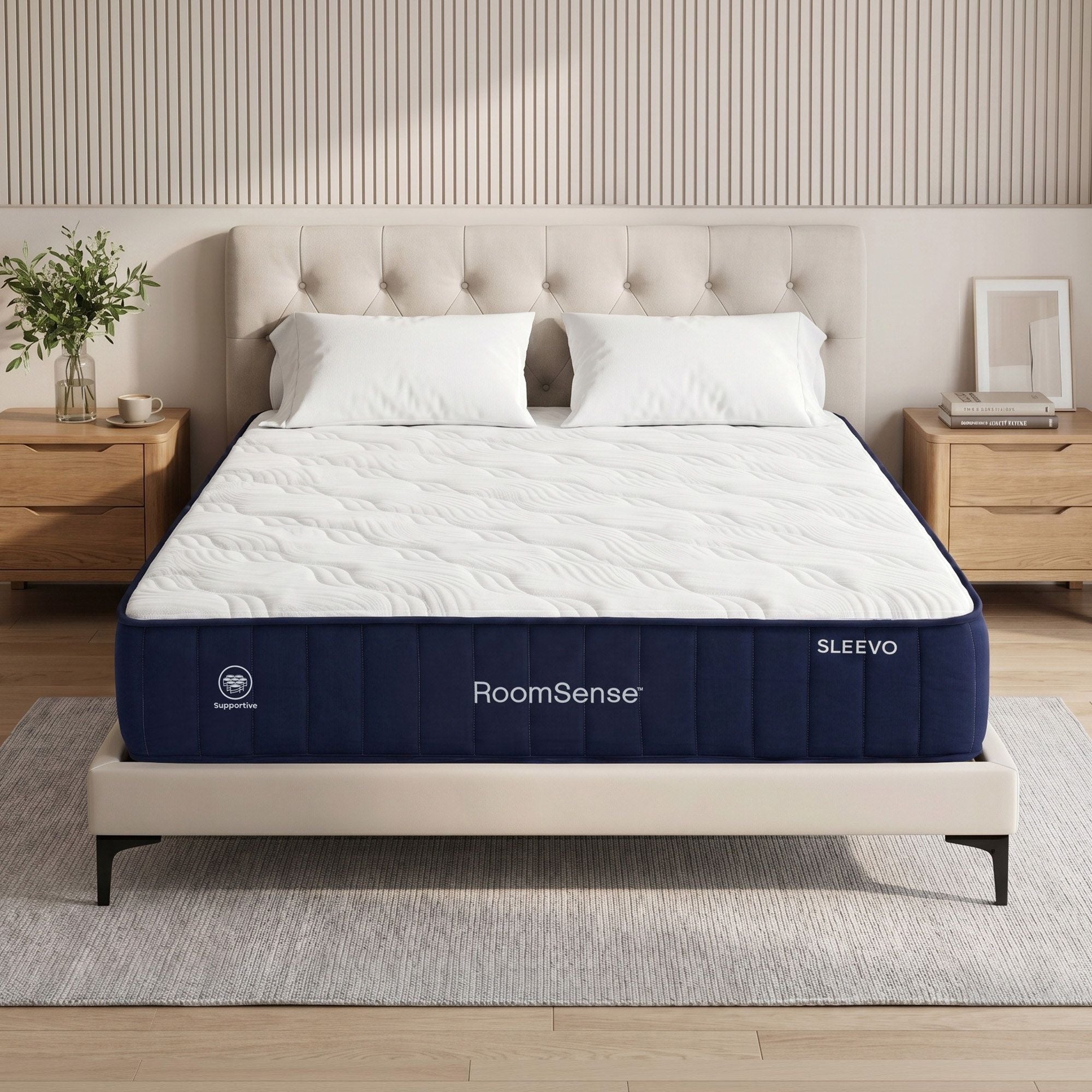 Mattress on a bed with 'RoomSense' branding in a bedroom setting. Also available in other sizes at an extra cost