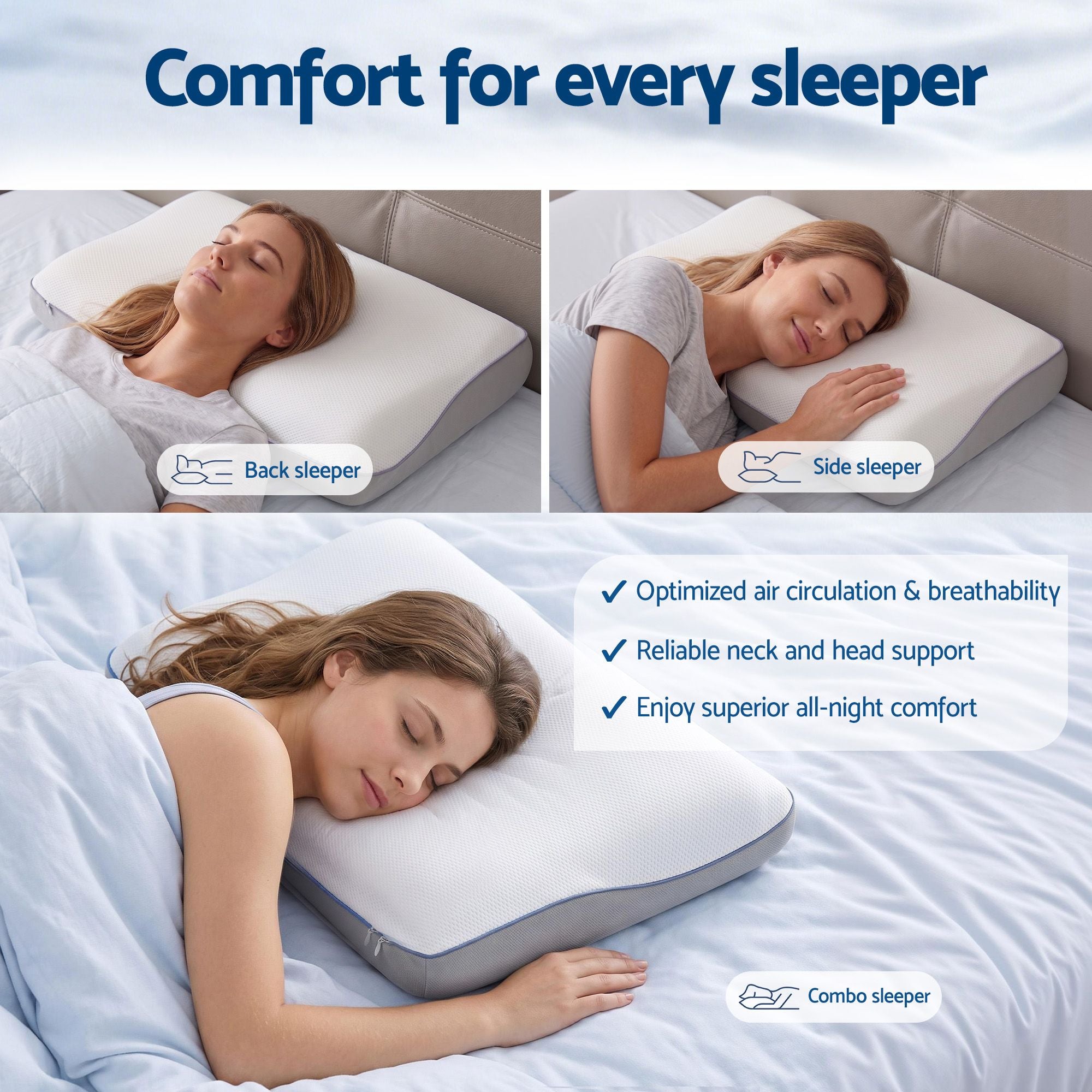 Woman sleeping on a pillow with text highlighting comfort for different sleep positions.