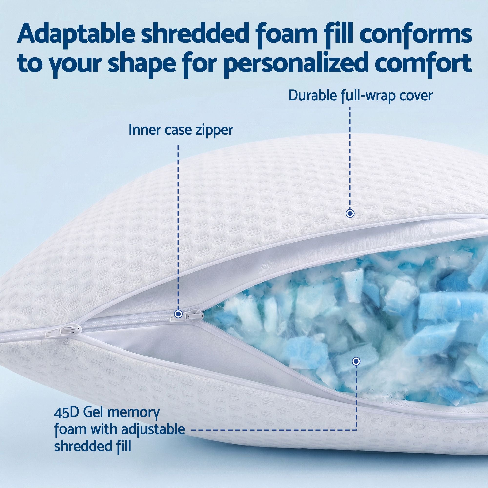 Pillow with labeled features on a blue background