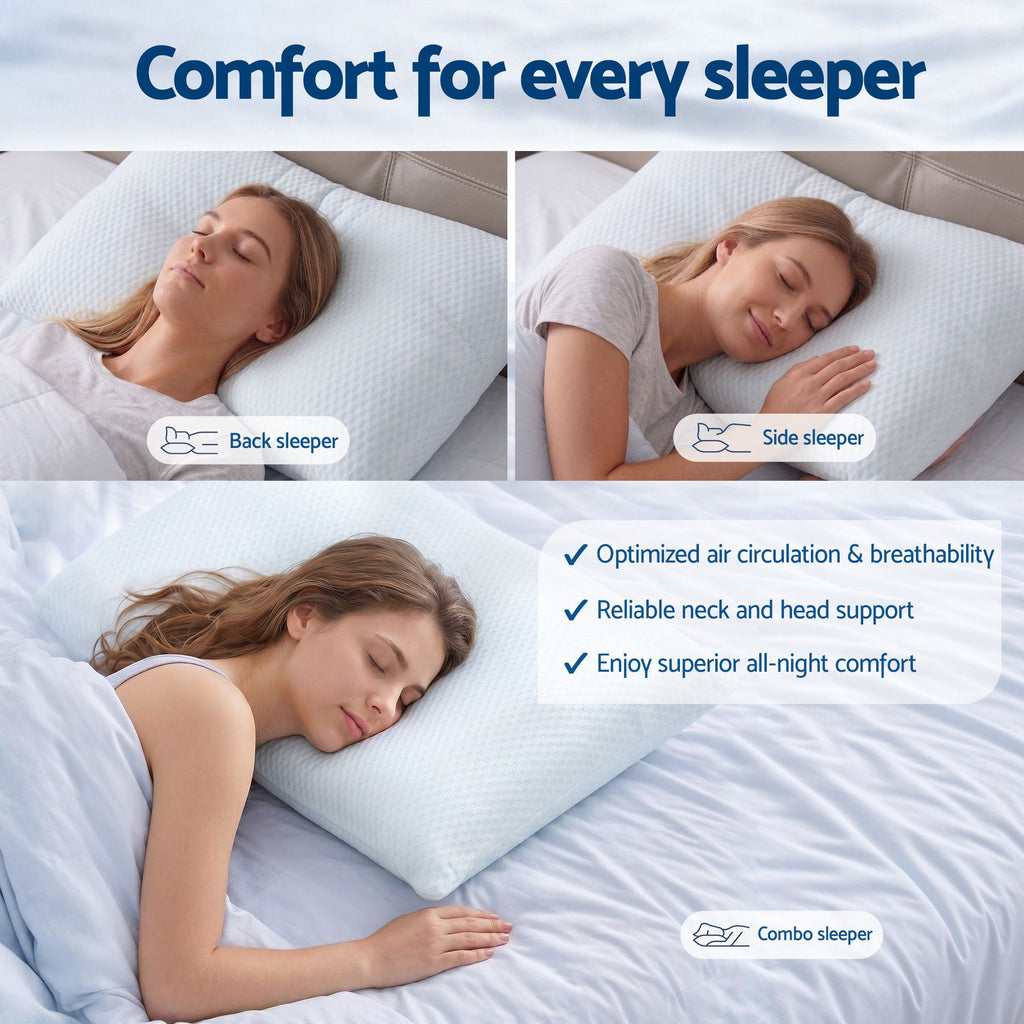 Woman sleeping on a pillow with text highlighting comfort for different sleep positions.