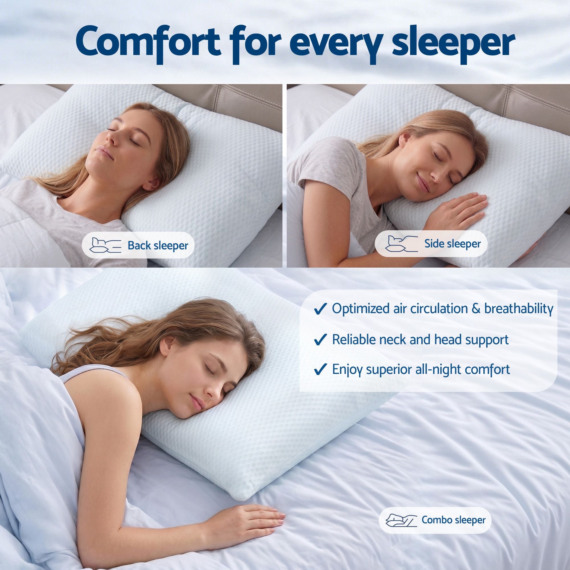 Woman sleeping on a pillow with text highlighting comfort for different sleep positions.