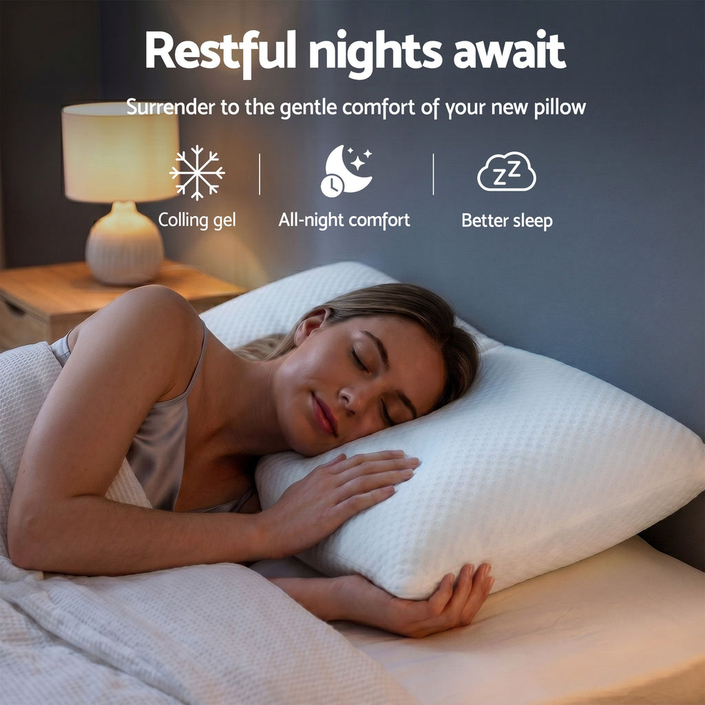 Woman sleeping on a pillow with text 'Restful nights await' and icons for colling gel, all-night comfort, and better sleep.