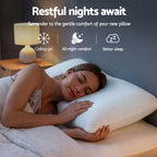 Woman sleeping on a pillow with text 'Restful nights await' and icons for colling gel, all-night comfort, and better sleep.